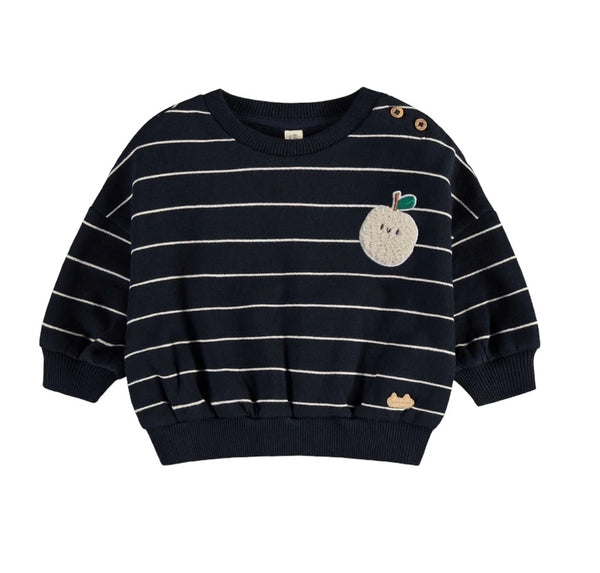 NAVY BRUSHED FRENCH FLEECE STRIPED SWEATER