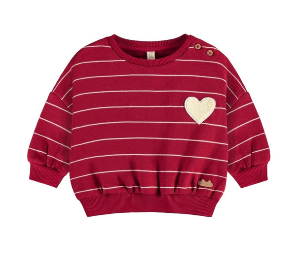 Red brushed french fleece striped sweater